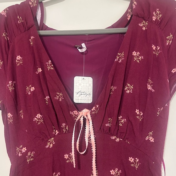 Free People Tie-Detail Mini Tea Dress in Raspberry - Size S - Picture 6 of 7
